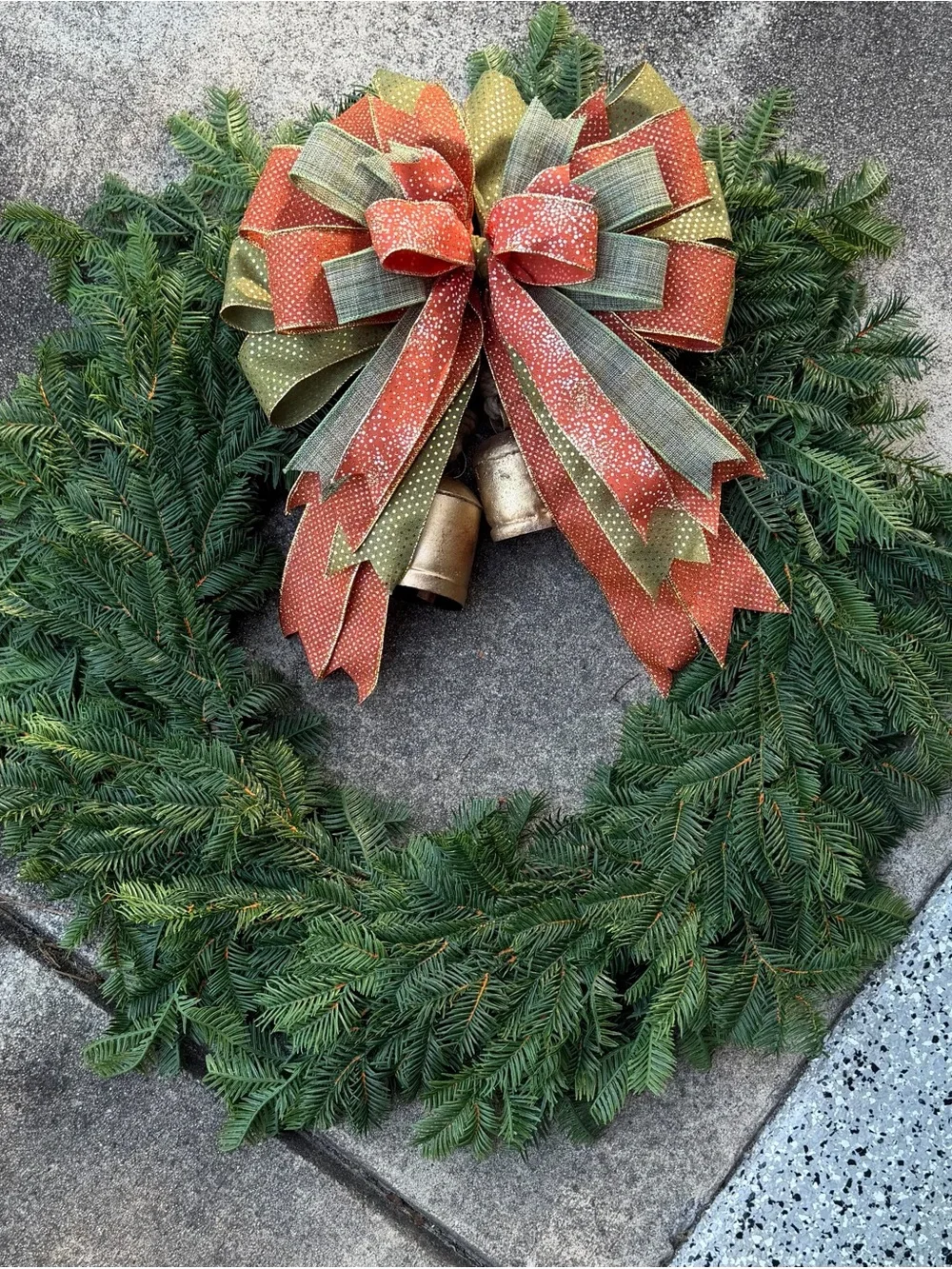 Festive Evergreen Wreath with Rust/Orange and Olive Green Bow